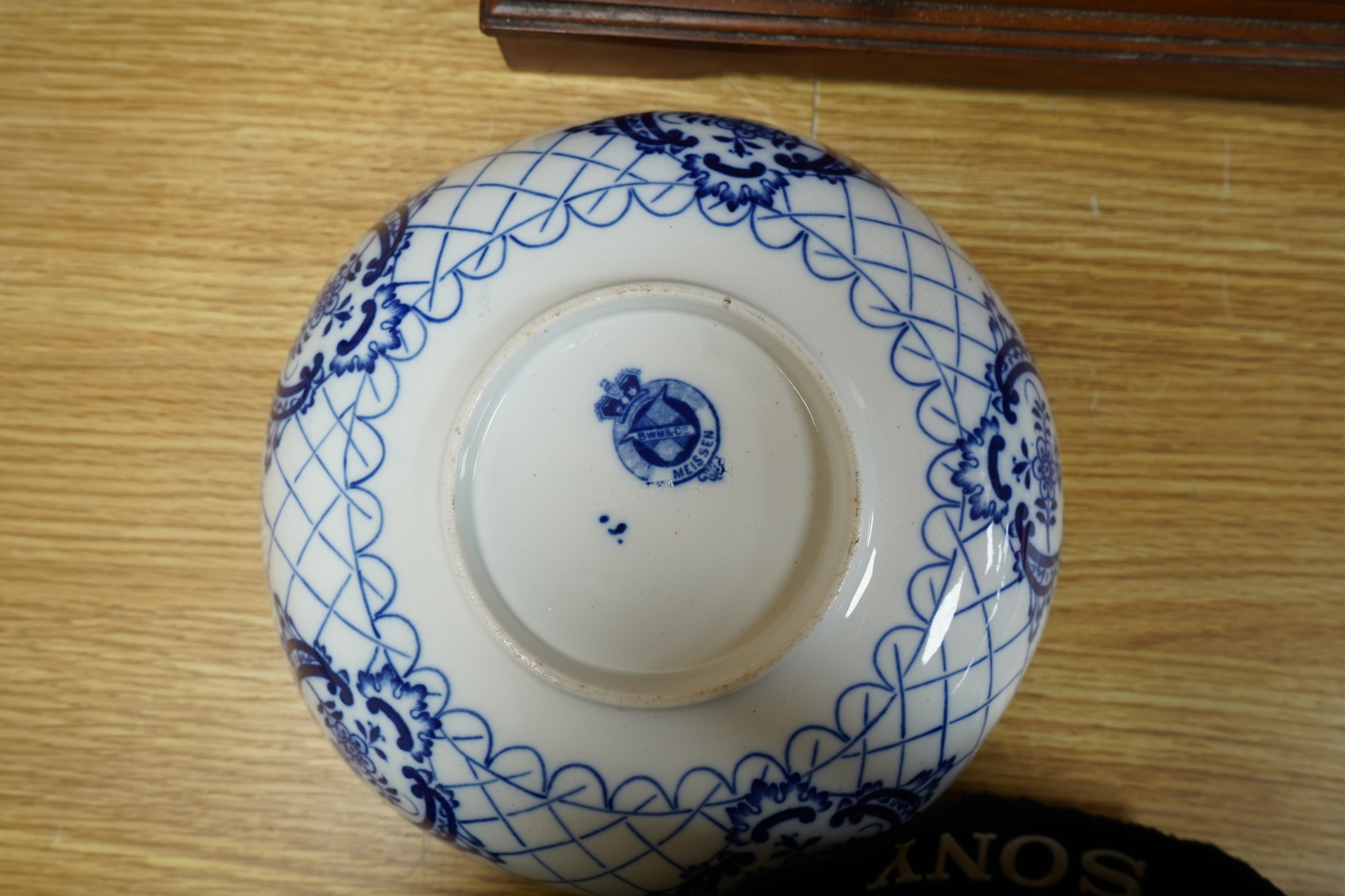 A collection of Meissen style blue and white china and various of nodding figures etc. largest item dish 21cm diameter